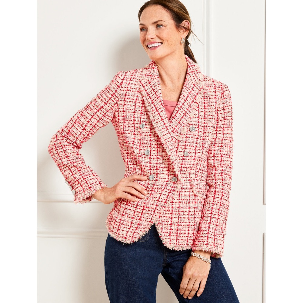 $219 Talbots Petite 8 Lovely Tweed Blazer Red White Double Breasted Fringe